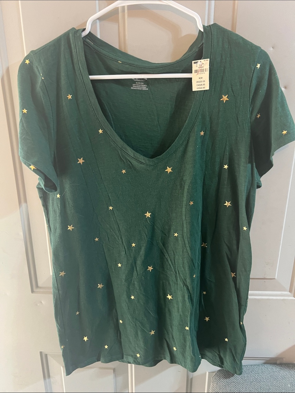 PINK Victoria's Secret Forest Green V-Neck Tee with Gold Stars
